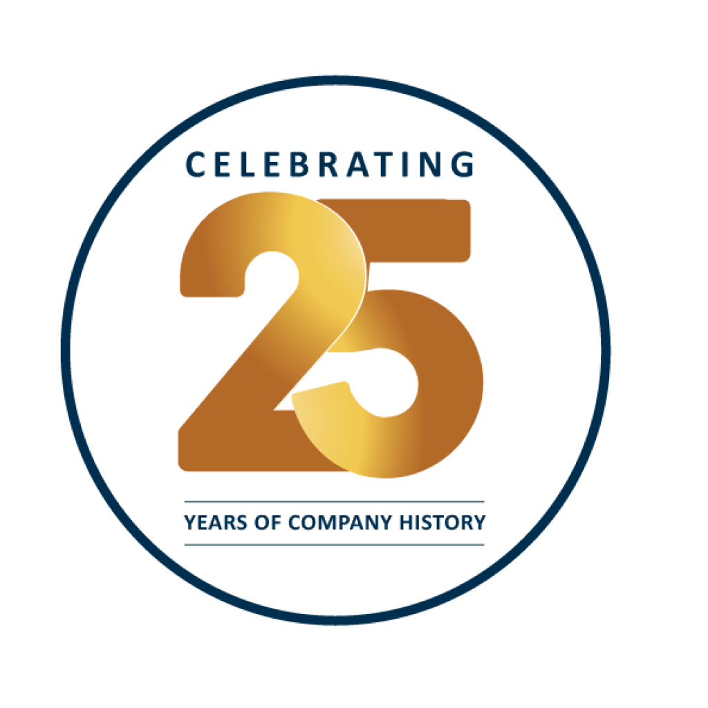 Contact us 1 25 year logo white
